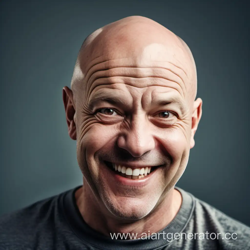 A 8k photo of a middle aged bald guy with a quirky smile, 