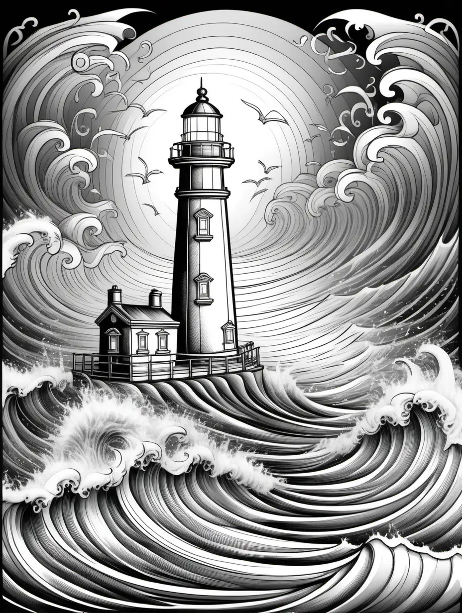 Illustriere für ein Malbuch für Erwachsene einen Leuchtturm in stürmischer See als Metapher für Führung und Hoffnung.