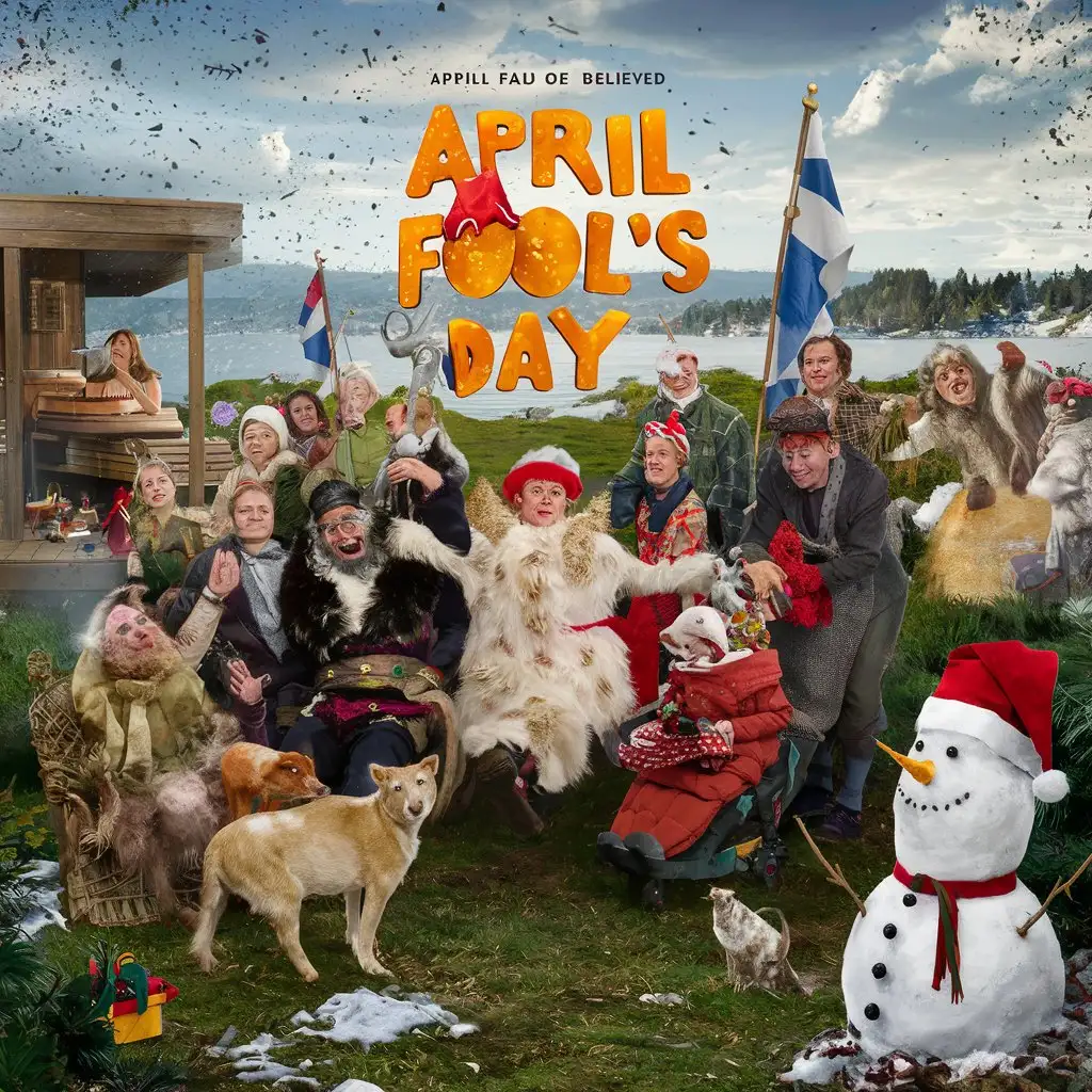 Whimsical April Fools Day Scene Playful Pranks in a Finnish Setting