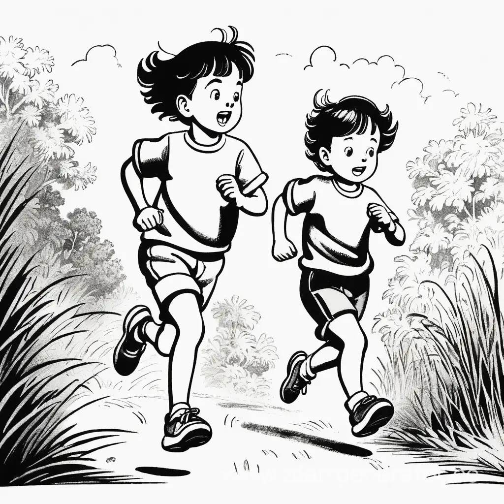 Black and white color, book illustration style, two children running