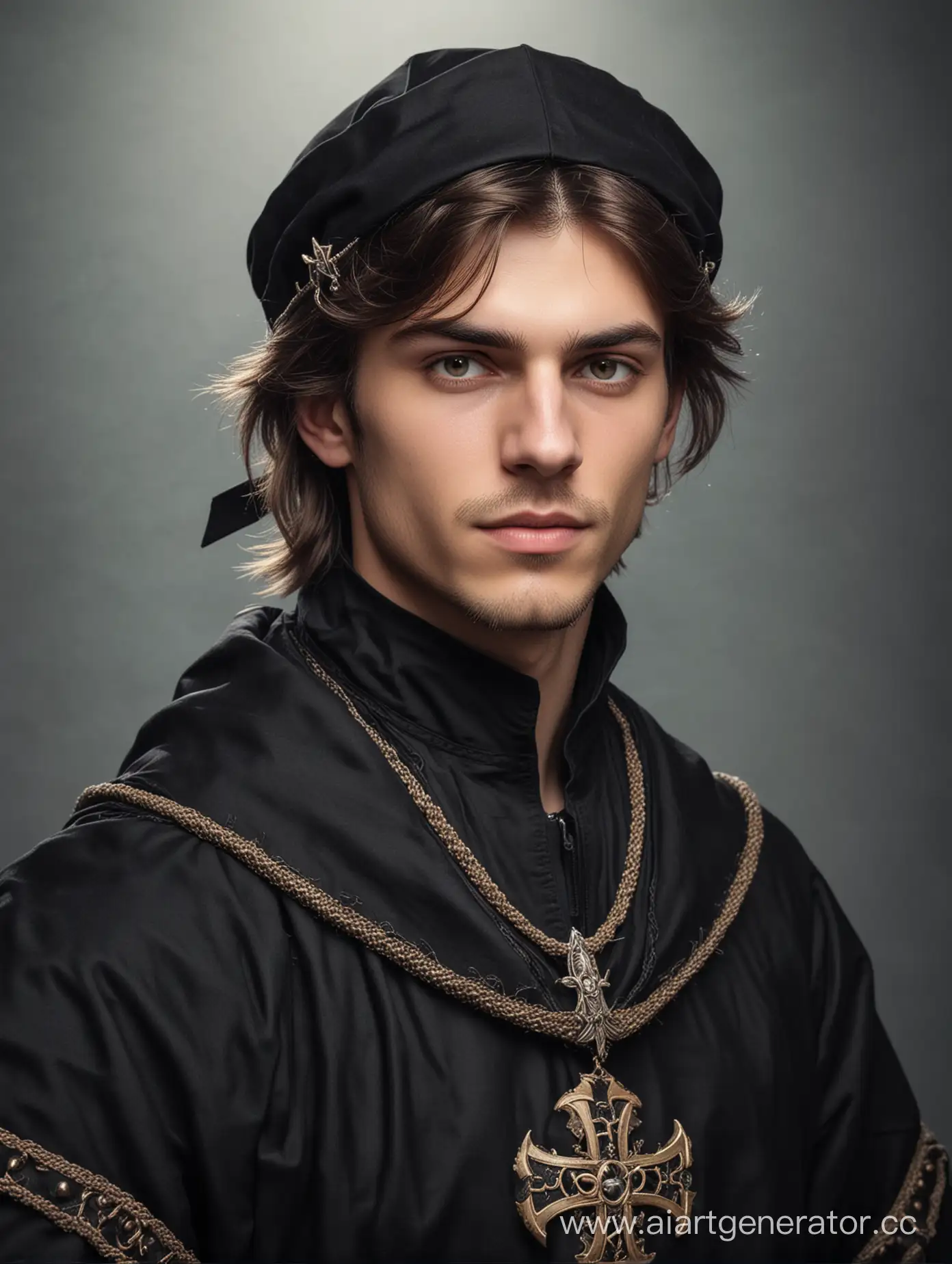 A young man from the Middle Ages, 24 years old, dressed in black clothes, wearing a brigantine, a chaperon on top of his head, a picture in the style of the Witcher