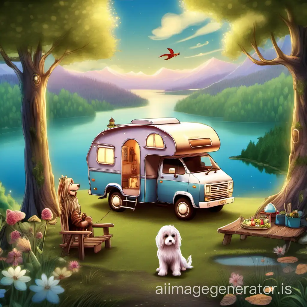 camper truck, fairy tale style, lake in the background, long-haired puppy on the side