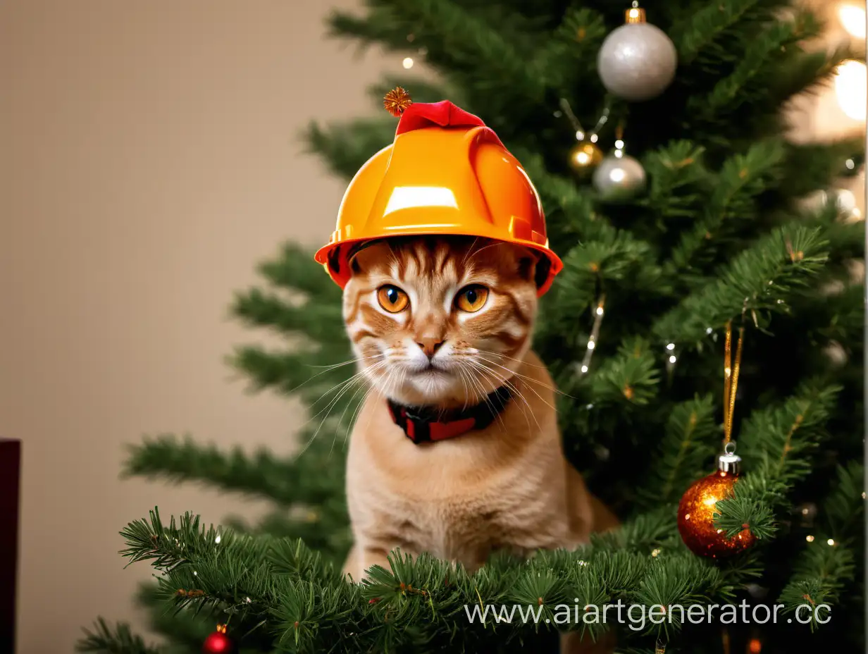 Drakosha-Wearing-an-Orange-Construction-Helmet-by-the-Christmas-Tree