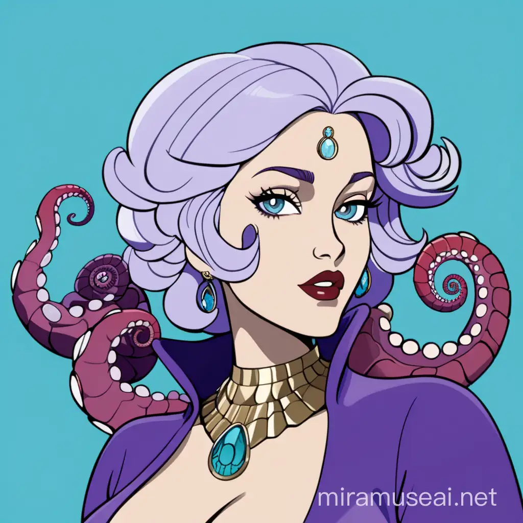 Ursula disney, full body, minimalist, vector art, colored illustration with a black outline.
Ursula is a plus size octopod, classified as a cecaelia (half human, half octopus). She has light lavender skin, short white hair, and her body, from the waist down, is black with six tentacles dotted by violet suckers. The area around her eyes is a darker shade than the rest of her face. Her eyes are gray and she has a mole near the right side of her mouth. She is always seen wearing makeup; in particular, she has aqua blue eye shadow, deep red lipstick, and red nails. For jewelry, she wears purple coral shell earrings and a gold nautilus shell necklace.