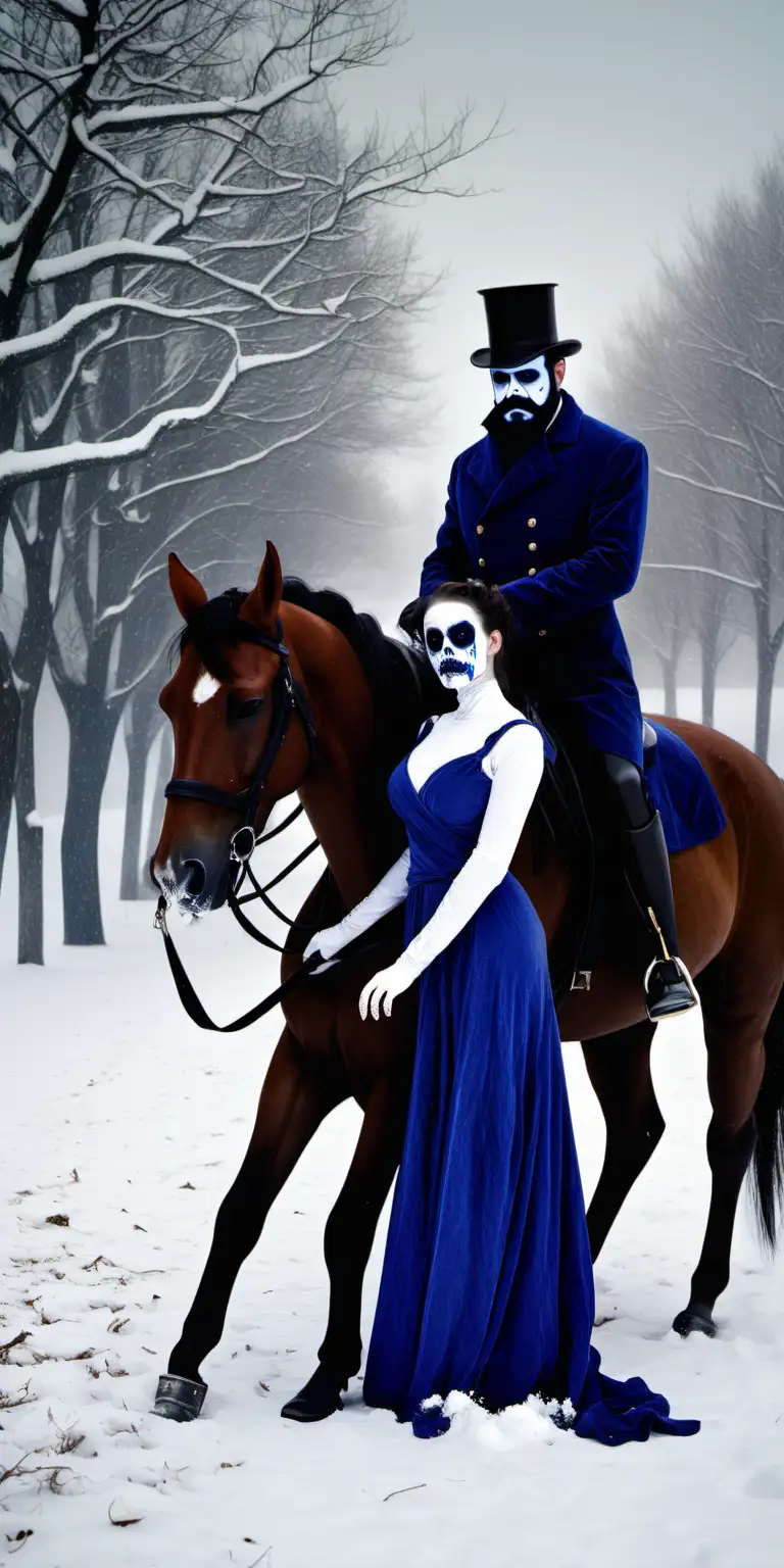 dead equestrian woman and bluebeard man in snow