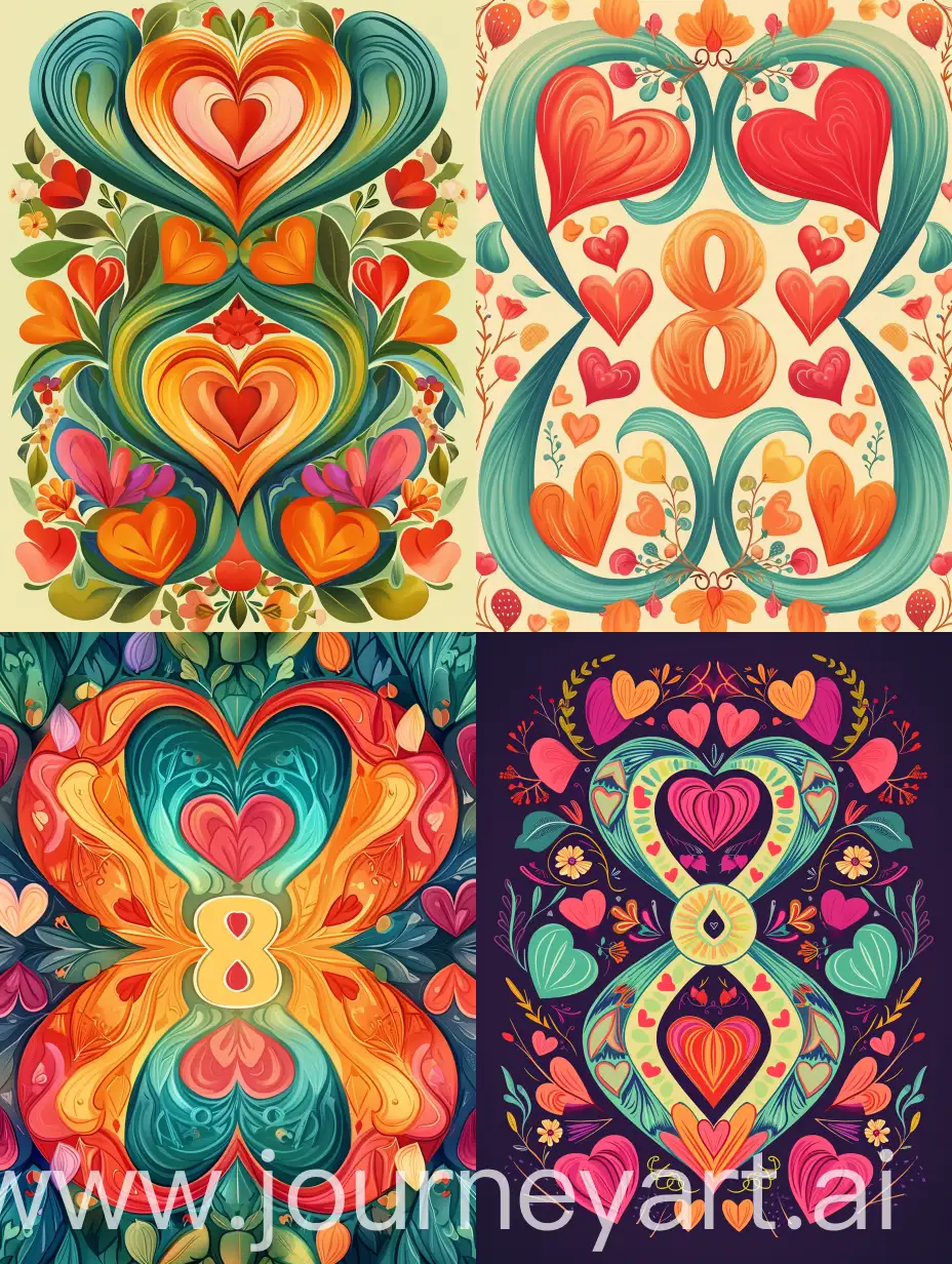 The design of a greeting card for the MARCH 8 holiday, in the center of the card is the number 8 consisting of two mirrored halves of a stylized image of hearts, spring, flowers, International Women's Day holiday. high stylization, artistic processing, creative approach, modern, high definition, high detail