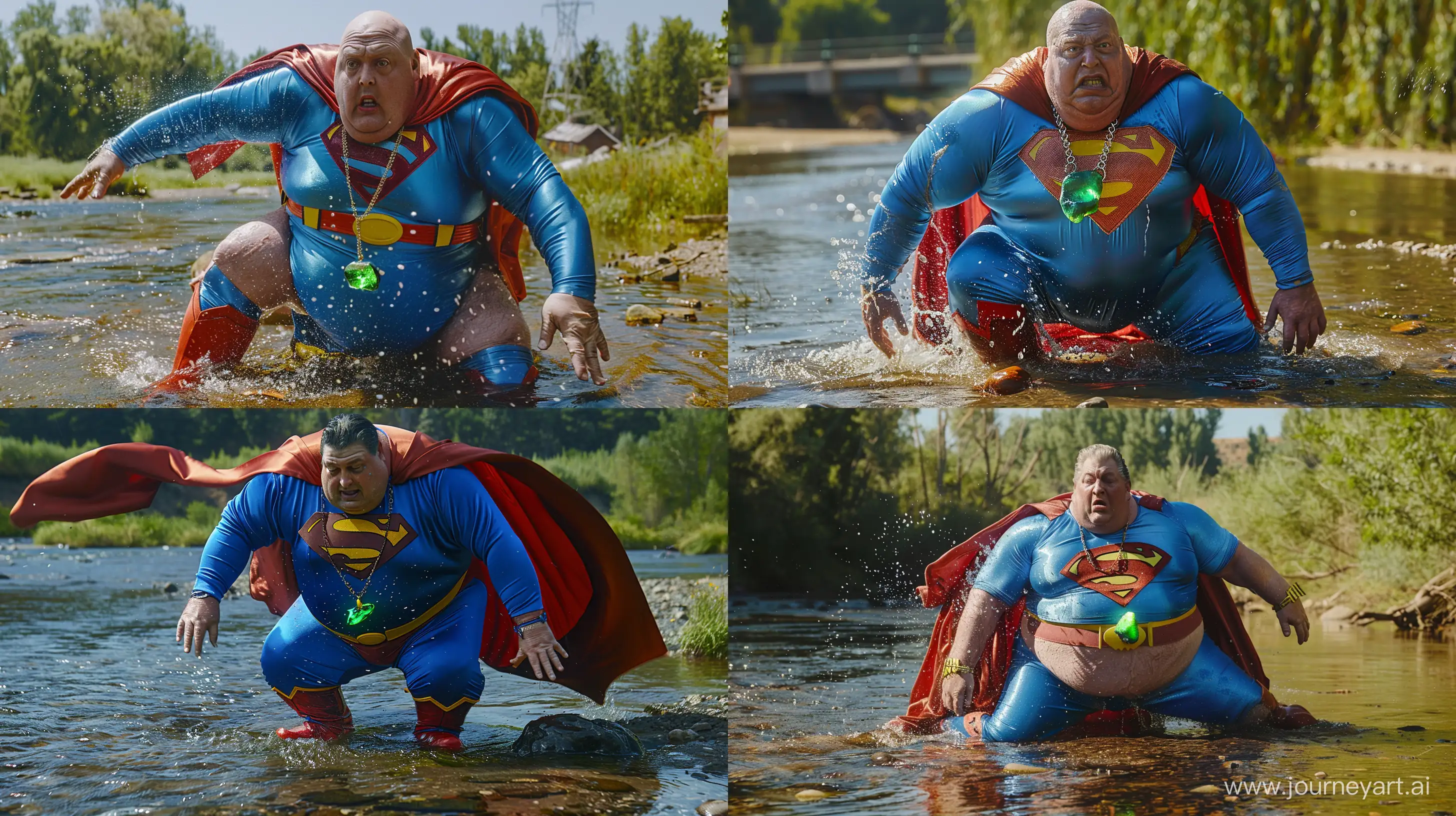 Elderly-Superman-Exhausted-by-the-River-in-Summer-Noon