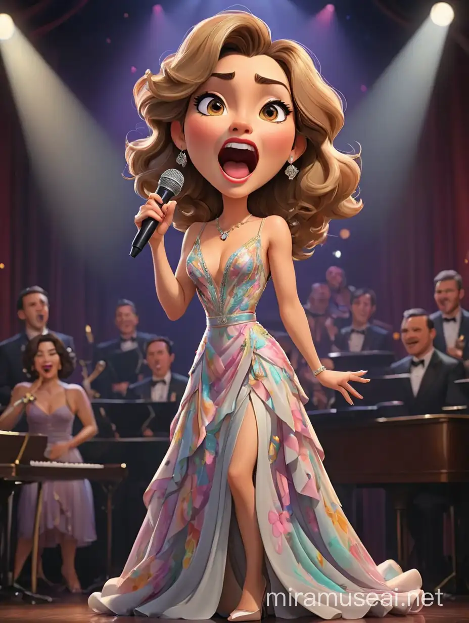 colorful realistic caricature of a beautiful grown-up woman, chibi style, showing her singing talent on stage wearing a gown like a club crooner 
