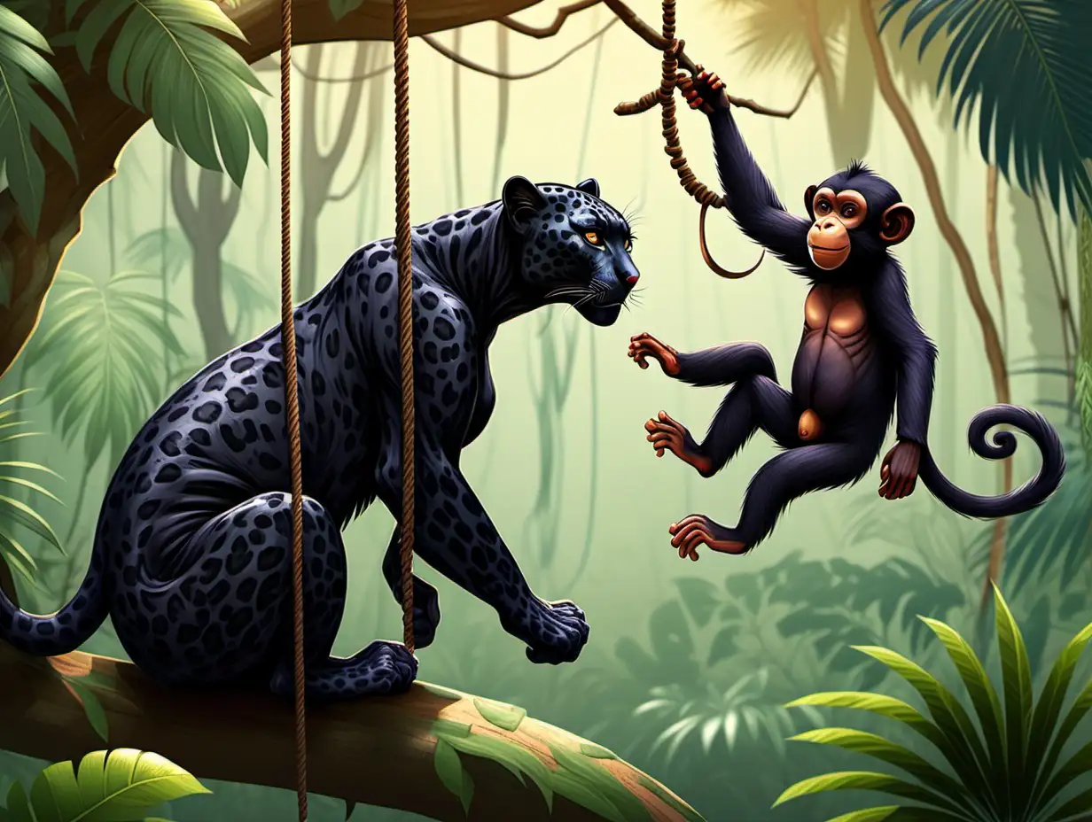 a kind and gentle female black leopard met a monkey who was swinging on a tree in the jungle (for a children's book)