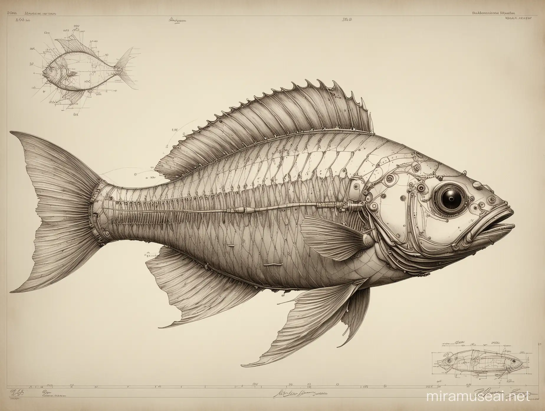 Steampunk Maigre Fish Technical Drawing Anatomically Detailed Artwork