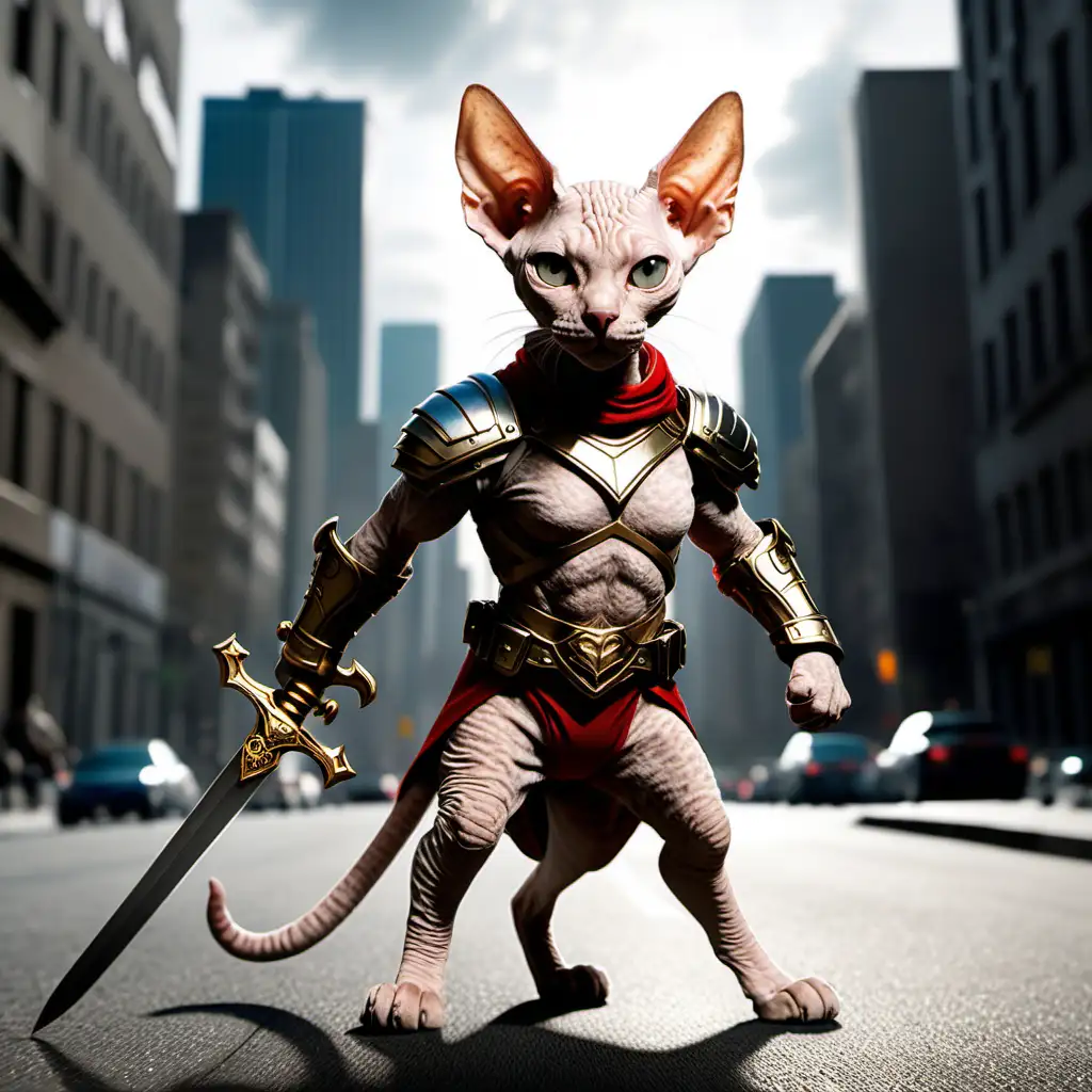 "A fearless devonrex cat superhero, armed with a sword shaped like a bone, rises to defend the city against the forces of evil. Endowed with surprising powers, this justice-seeking dog is ready to embark on a heroic quest while displaying unwavering love for bones and justice."
