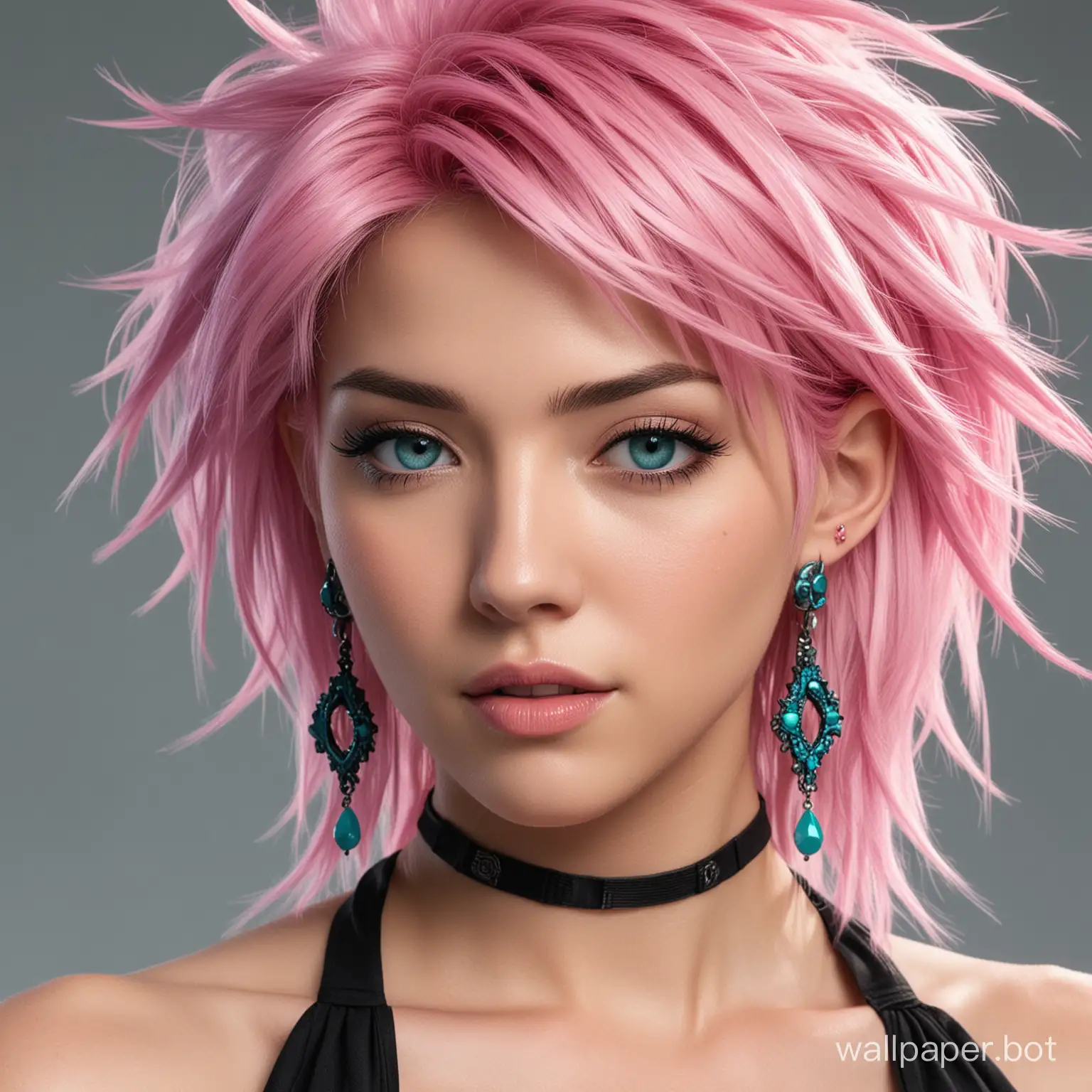 TurquoiseHaired-Character-in-Fantasy-Attire-with-Pink-Earrings-Portrait-Shot