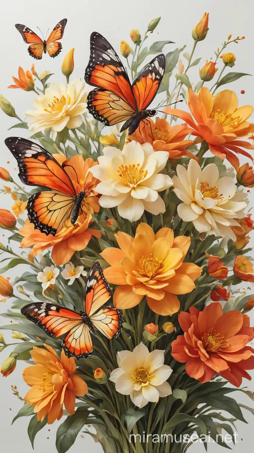 A stunning, vibrant 3D render of a watercolor-style painting featuring a beautiful bouquet of mixed orange, yellow, and red flowers. The flowers are intricately detailed, with each petal capturing the essence of the colors. Delicate butterflies with translucent wings are perched upon the flowers, adding a touch of realism to the scene. The entire painting sits on a crisp white background, highlighting the rich colors and the skillful blending of the watercolor technique., 3d render

