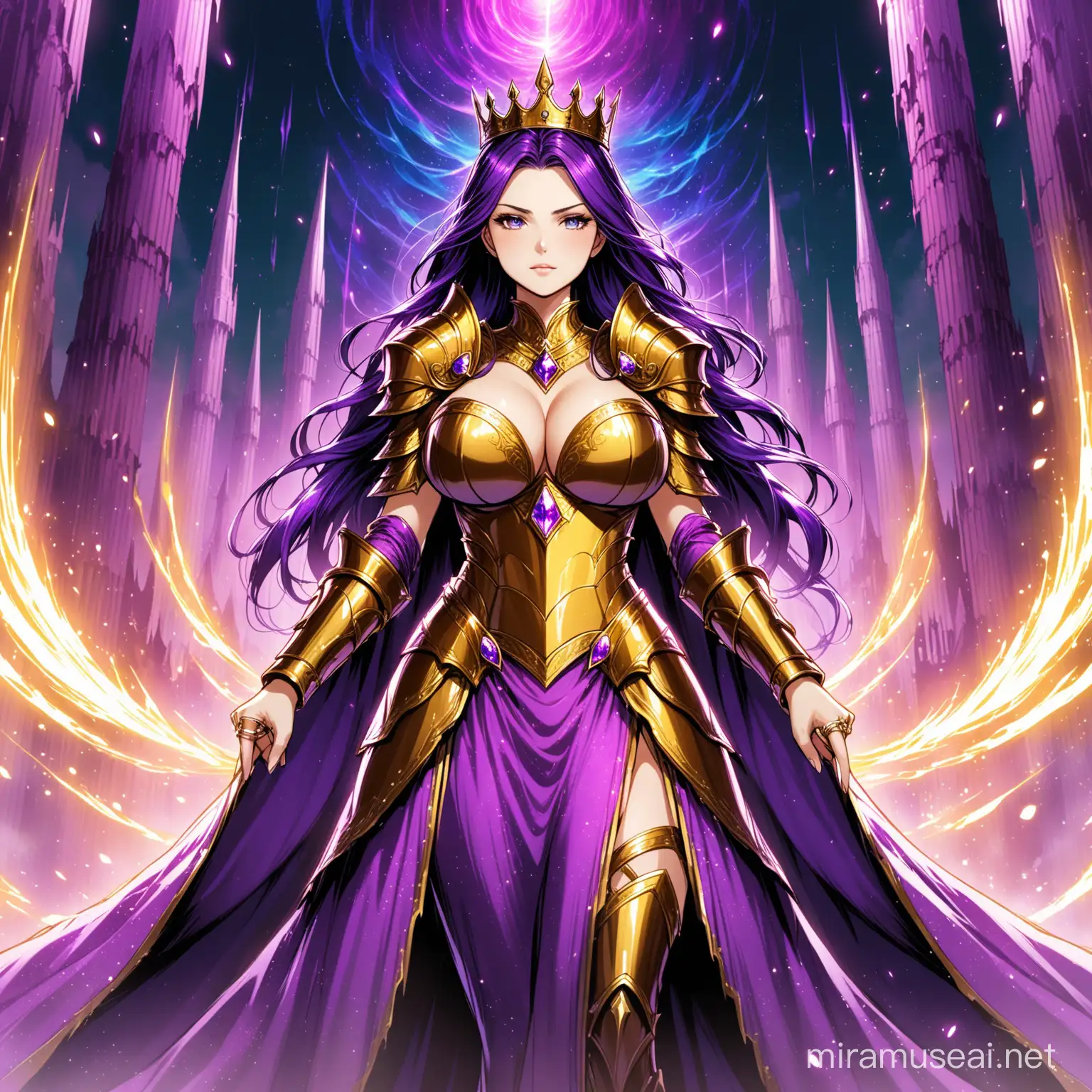 A female character of around 30+ age. Elegantly matured woman. She have very big boobs. She have long and beautiful Royal Heath color, tied in two birad and she is clearly not wearing a crown. She is having a sexy cute and determined attitude. She is wearing a purple elegant and majestic dress suited for a queen with golden armors at some part. She wears a arm band like thing made of golden just above her wrist. She is wearing two rings of golden. From one pink aura is coming out and from another, blue aura is coming out. Background is a picture of a kingdom in calamity and destroyed.