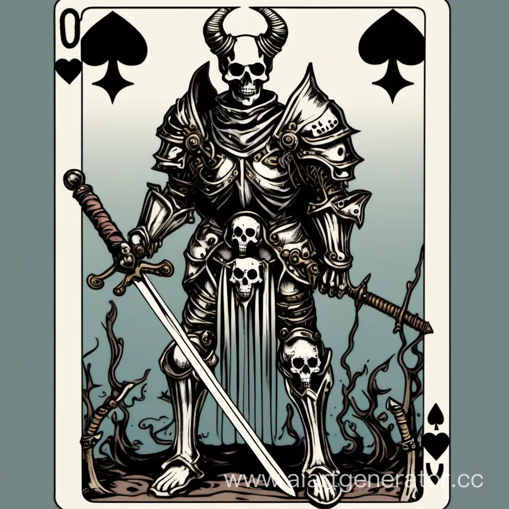 Игральная карта валет, но сверху воин скелет в тяжёлой броне и двуручным мечом, а снизу призываемый им демон.