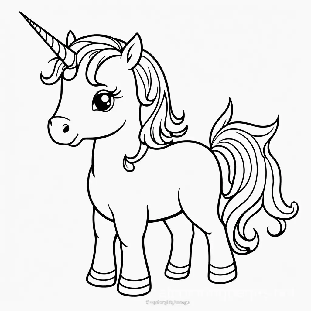 Full body simple cute baby ethereal unicorn, Coloring Page, black and white, line art, white background, Simplicity, Ample White Space. The background of the coloring page is plain white to make it easy for young children to color within the lines. The outlines of all the subjects are easy to distinguish, making it simple for kids to color without too much difficulty