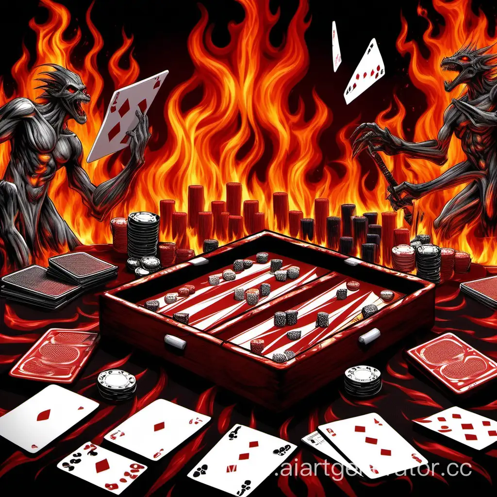 Poker, cards, backgammon, against the background of hellish chaos and flames