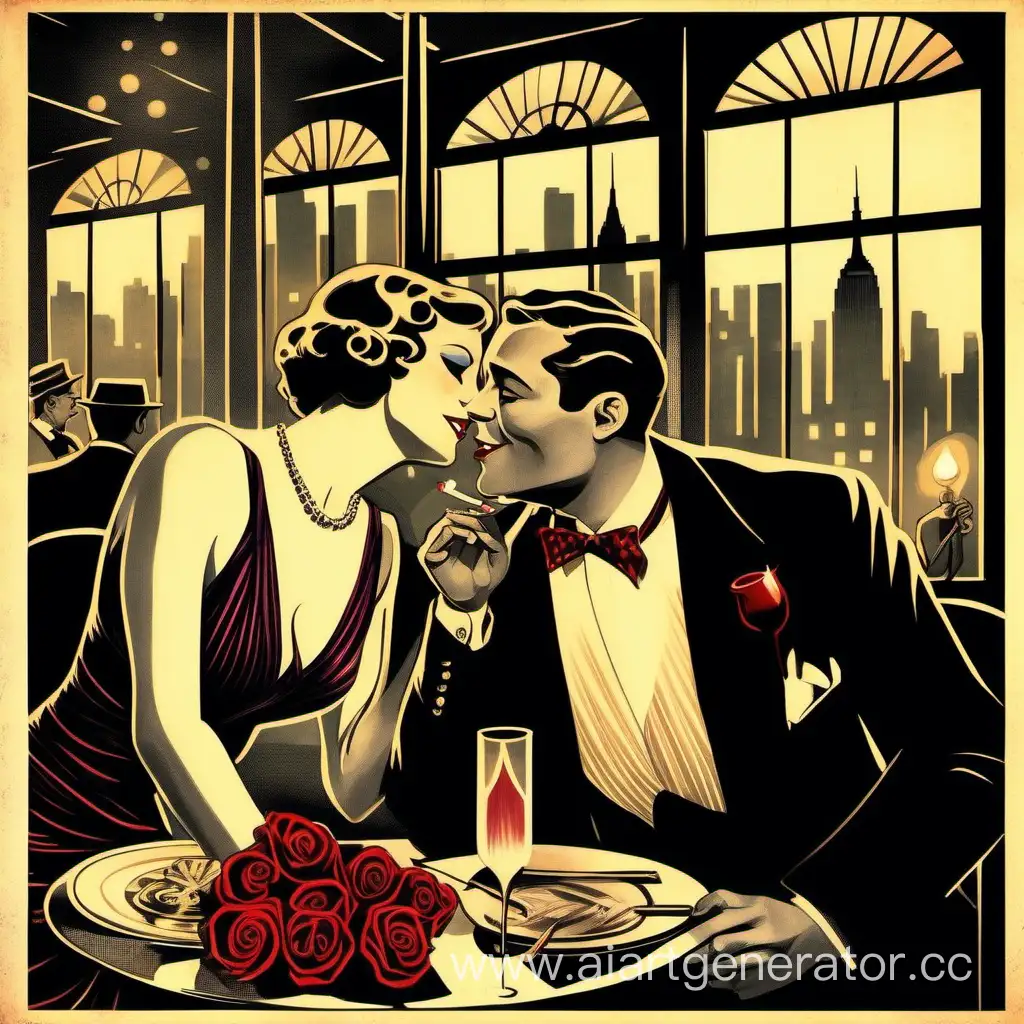 Against the background of a 1920s jazz band, in the dazzling light of a New York restaurant, two beautiful women are sitting: a woman in a dress of that era, with a smile on her lips, holding a red rose, her gaze full of lively interest Next to her is a fiery man in a classic suit and hat, looking at her with a mysterious the expression on his face, holding a cigarette holder, reflects the candlelight and the sounds of jazz music in his eyes. Their common image is filled with romance and mystery, for example, a page from a photo that captures the moment of the great sensual rhythm of the city - version 6.0