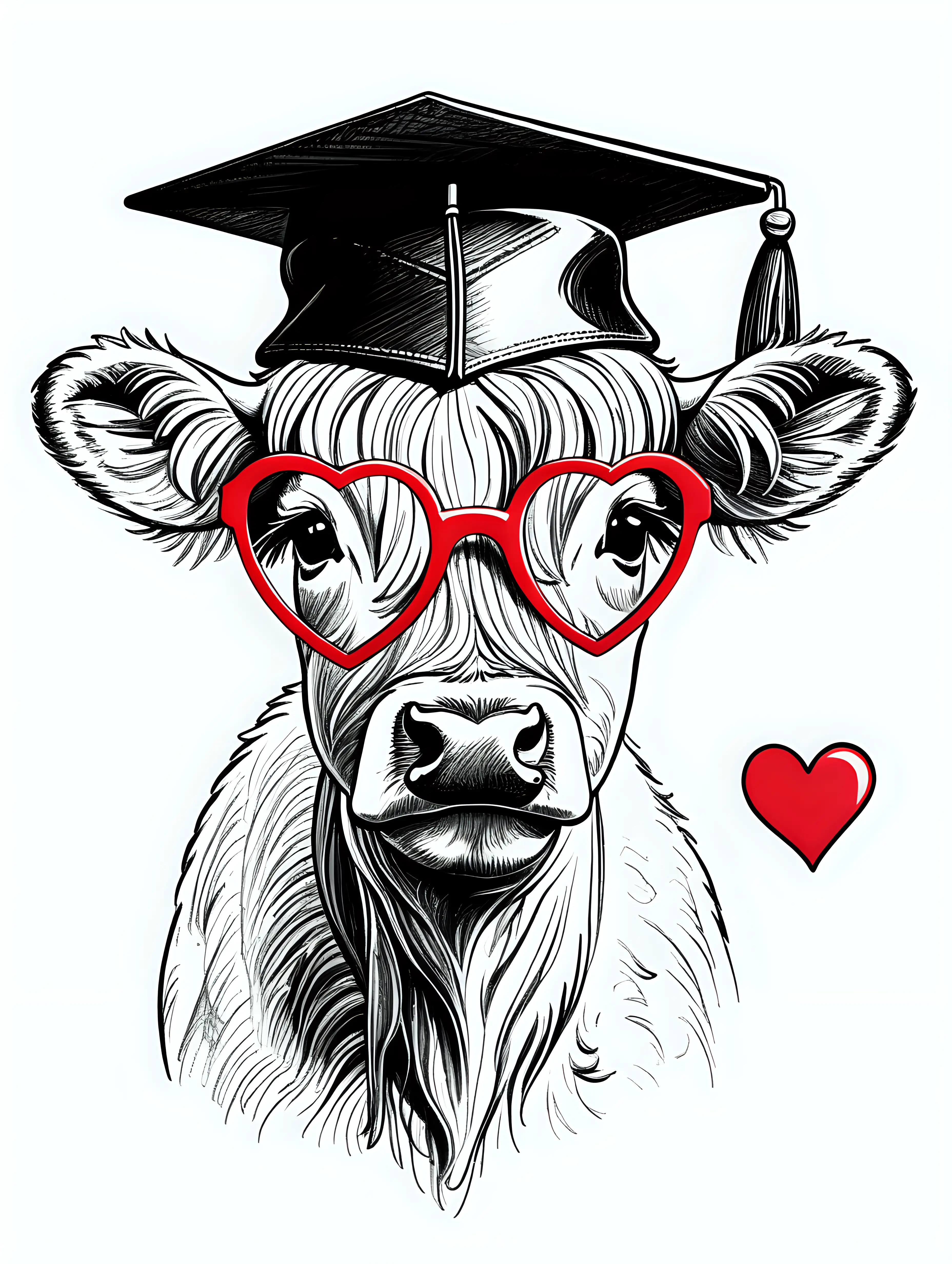Highland Calf with Heart Glasses and Graduation Cap Sketch