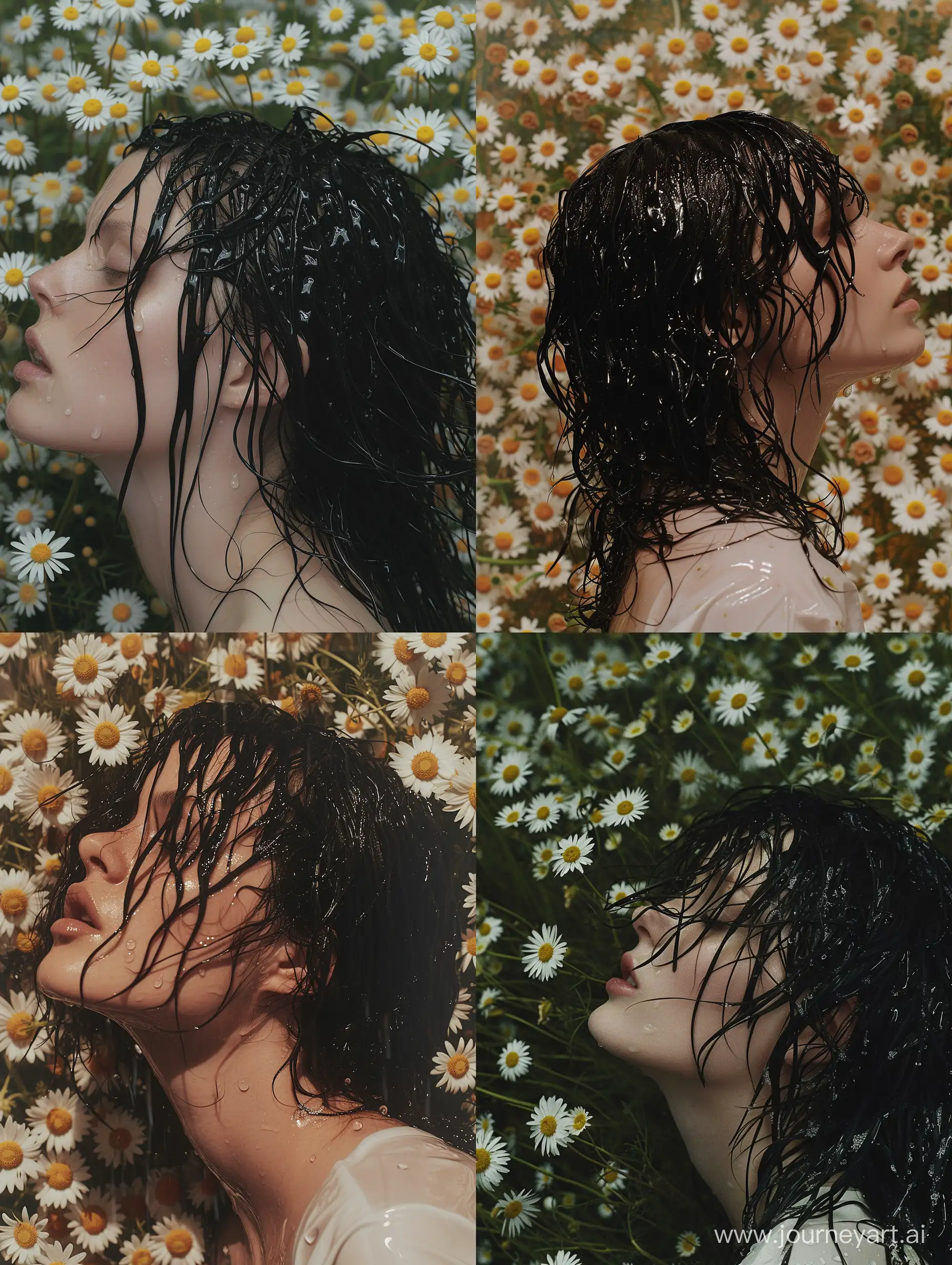 Fashion photography, a woman with black wet hair against a background of daisies, a gloomy atmosphere by Miles Aldridge 

