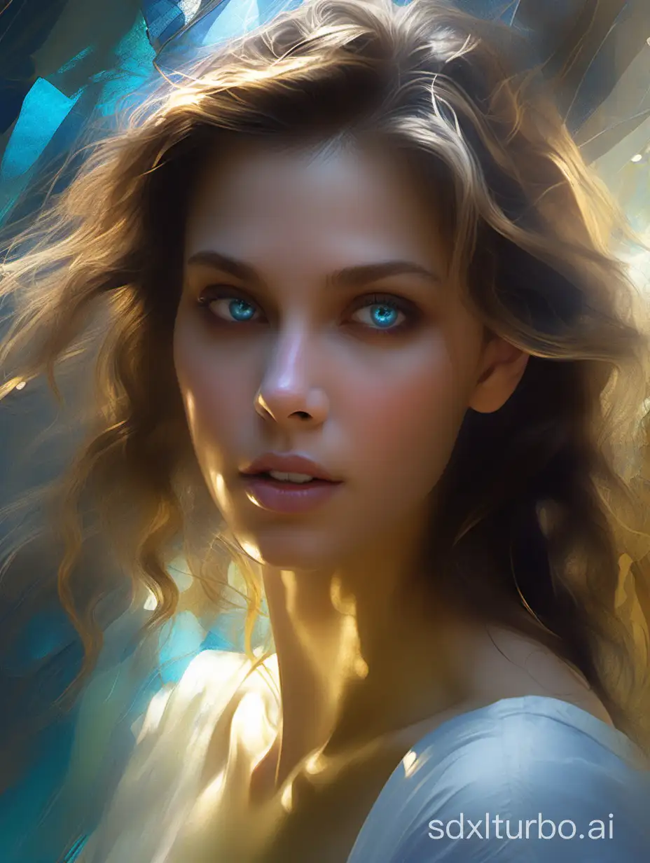 Pino Daeni concept art, Greg Rutkowski, Konstantin Razumov, Vladimir Volegov, Realistic close-up luminous portrait of a model, 8k, pale beautiful woman with soft blue eyes, Black and gold Spirit, golden threads, beautiful natural landscape background on Paris, painted background, studio portrait, cinematic light, bokeh background, picturesque, buff painting, (detailed faces: 1. 3), (Detailed Eyes: 1.3 <lora:epiNoiseoffset_v2:1>, 8K, HDR, RGB, Ultra-HD, Broken Glass effect, no background, stunning, energy, molecular, textures, iridescent and luminescent scales, breathtaking beauty, pure perfection, divine presence, unforgettable, impressive, breathtaking beauty, Volumetric light, auras, rays, vivid colors reflects