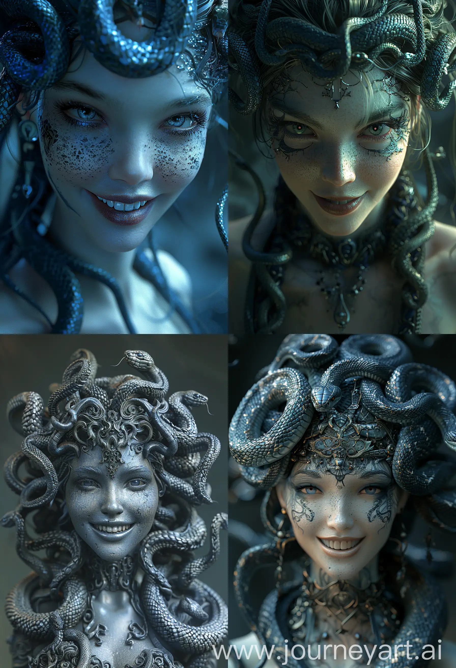 beautiful medusa, beautiful goddess titan with snakes for hair, dangerous smile, snakes for hair, beautiful medusa, background of epic gameplay, intricate dark vantablack ink tattoos, highly detailed, sharp focus, 16k, breathtaking_fantasycore_masterpiece, high quality CGI VFX fine art, ZBrush HDR | color grading | dark shadows | ambient occlusion | high resolution | intricate | hyperrealistic textures --s 750 --ar 28:41