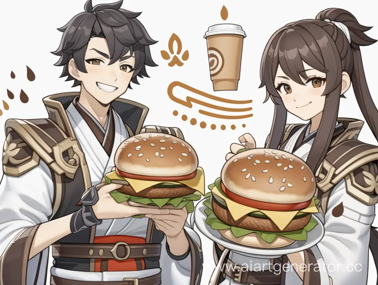 Персононажы Genshin ipact Кадзуха и Сян-лин стоят по разные стороны друг от друга. Они улыбаються и держат в руках бургеры и запивают их кофем. С зади них белый фон. 