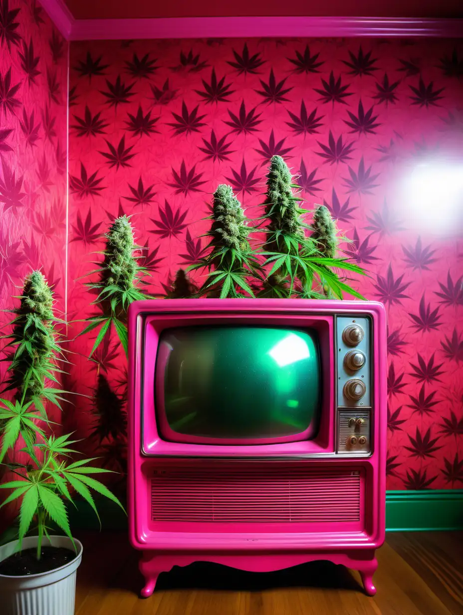 a hot pink vintage TV in a brightly colored room with victorian wallpaper on the walls in a cannabis grow.,