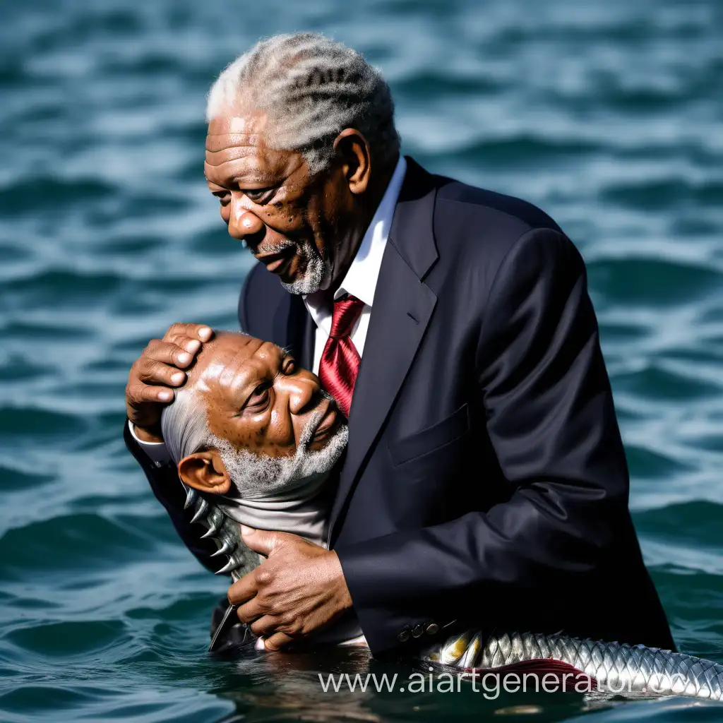 Morgan-Freeman-Embraces-Fisherman-with-Unique-Fish-Tail