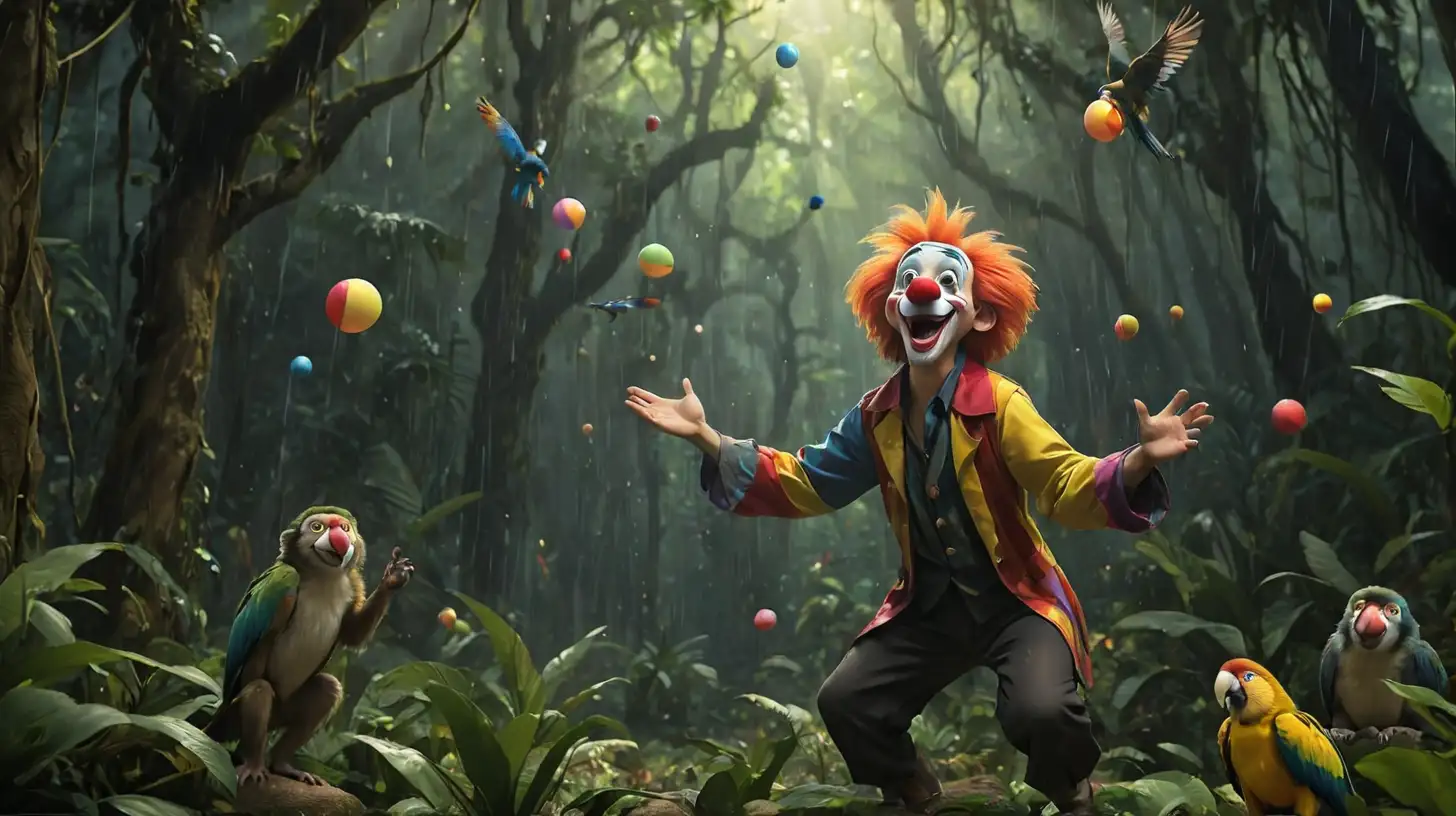 Clown juggling,  lost in a jungle, monkeys laughing, dark shadows, beams of light, rain forest trees, macaw
