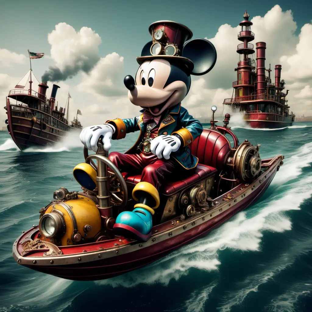 Mickey Mouse, riding in a motor boat, colorful, steampunk,