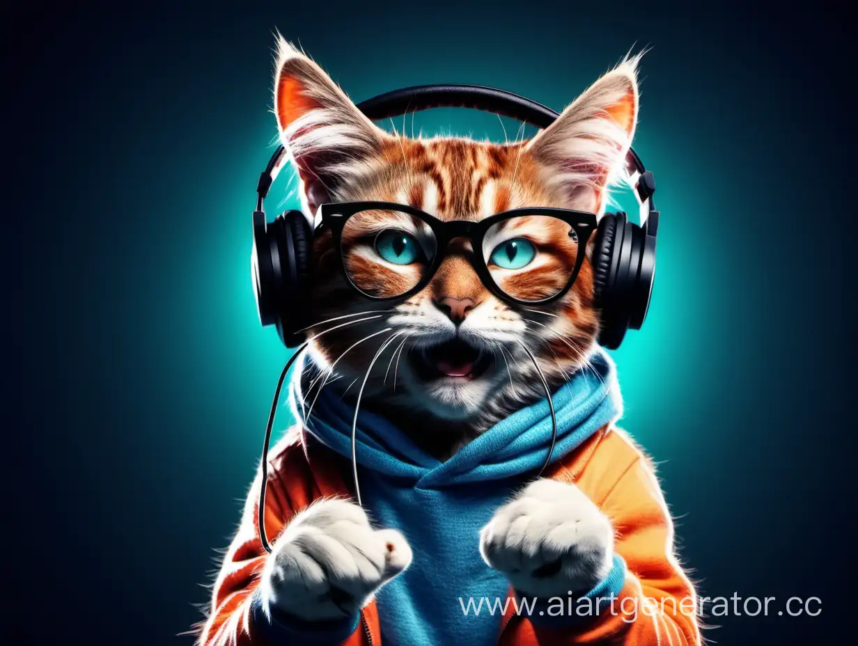 Крутой кот в наушниках, в очках, поёт песню
