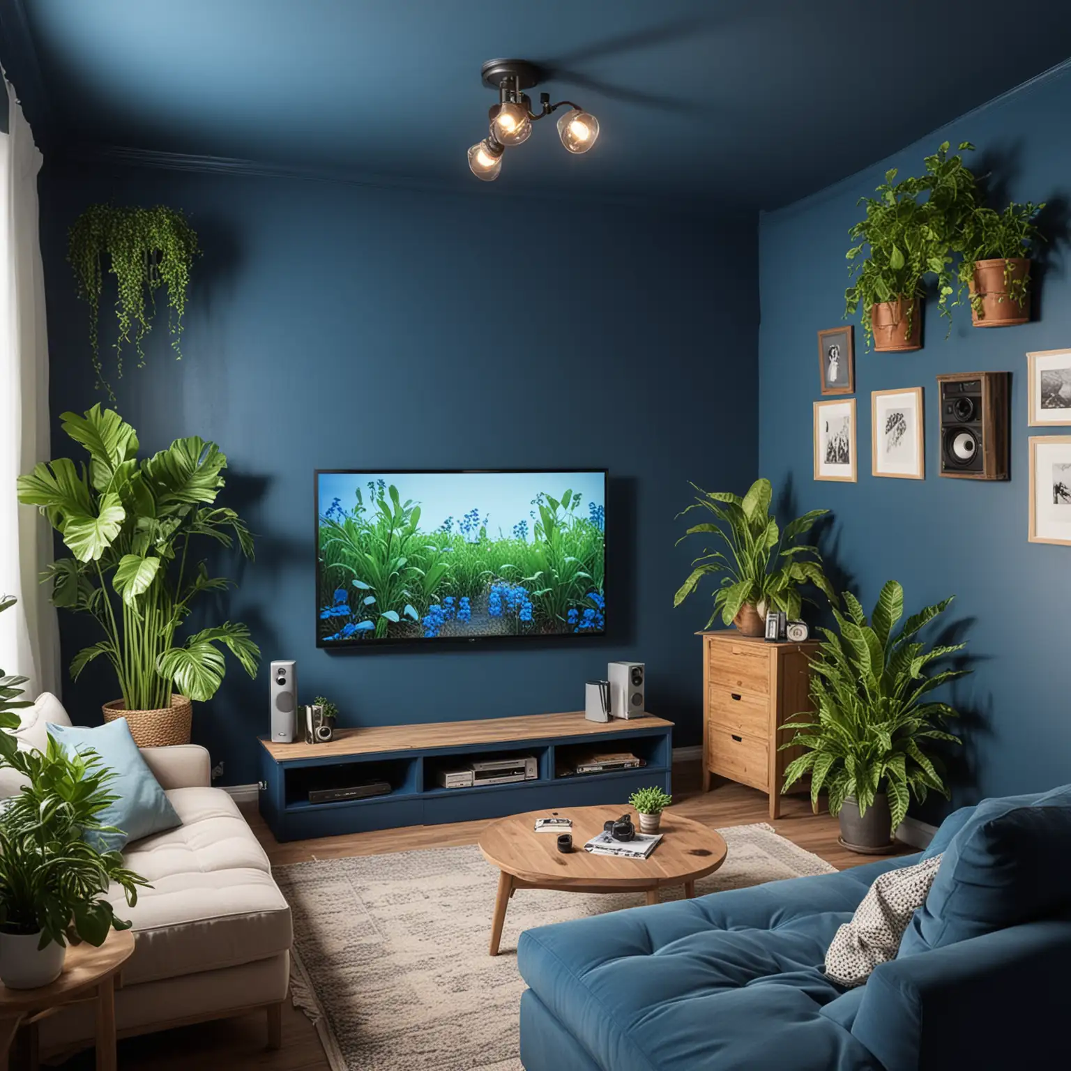 home theater in small room, neo rustic style, vibrant blue painted walls, projector screen in wall, artificial plants, framed pictures in wall, cozy, Ikea furniture.