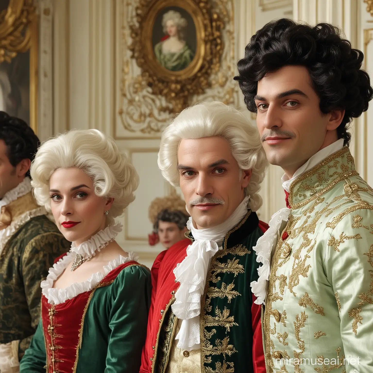 Baroque Style. A thin old man (70 years old, feminine face, pale white skin, wearing Baroque makeup, large baroque-style wig, red lipstick, black eyebrows, no moustache, white powder on face) smiling, dressed in Regency style (French, green and beige) stands  in a Baroque castle . Behind him  four handsome young gay men standing. 4K, hyper-realistic, highly detailed.
