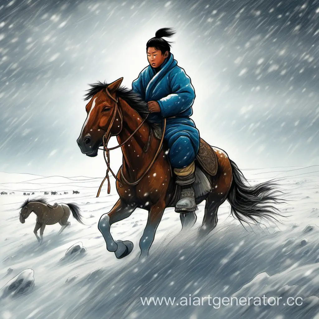 нарисуй монгольского мальчика, который скачет на коне в буран, в степи