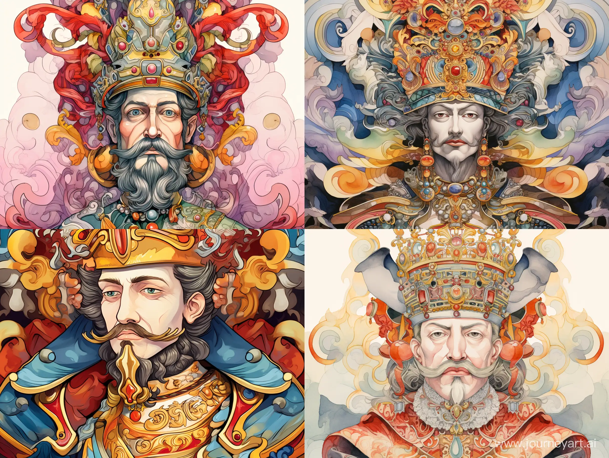 ornamental waist portrait of an ancient rich king, of Austria, reflected vertically, stylized caricature, many details, Victor Ngai style, watercolor, decorative, flat drawing