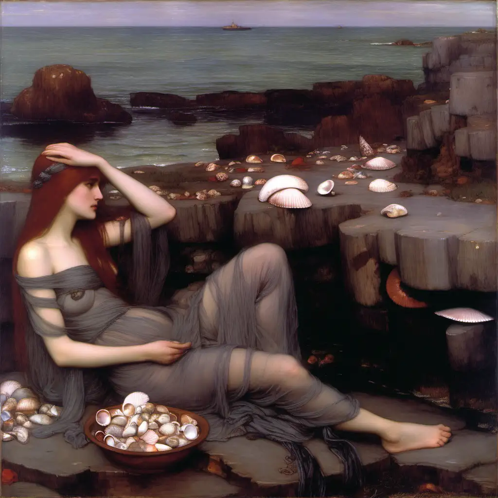 John William Waterhouse two beautiful nude without clothing muses with long red hair sitting along the ocean at dusk with  sea shells