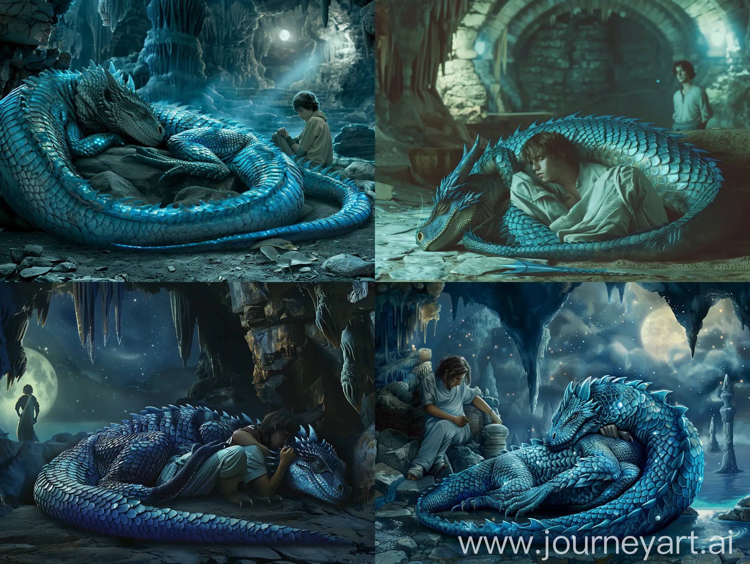 Majestic-Blue-Dragon-Sleeping-in-Moonlit-Cave-with-Guardian