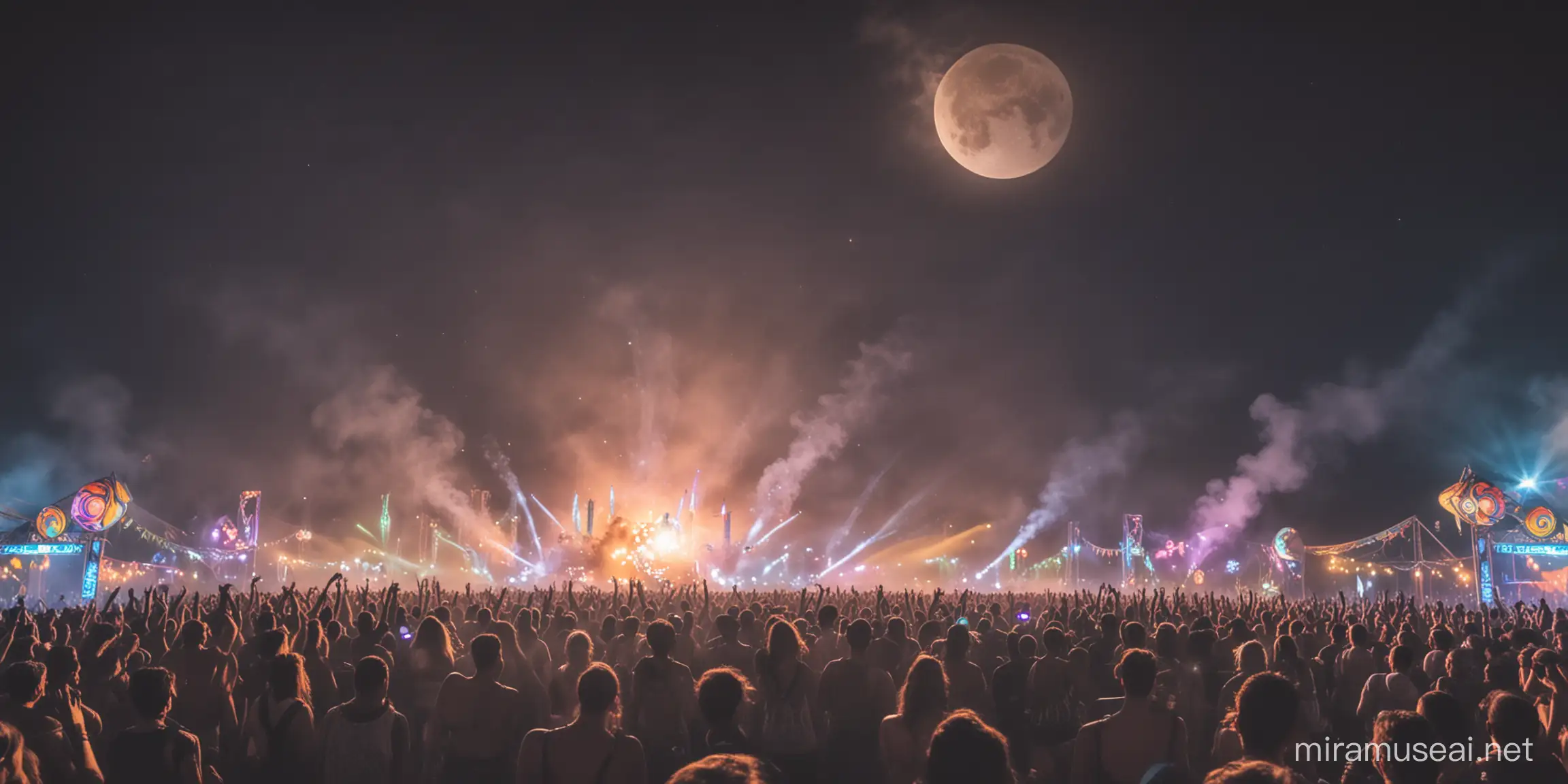 psytrance festival, at night, full moon, smoke, disco lights, people dancing