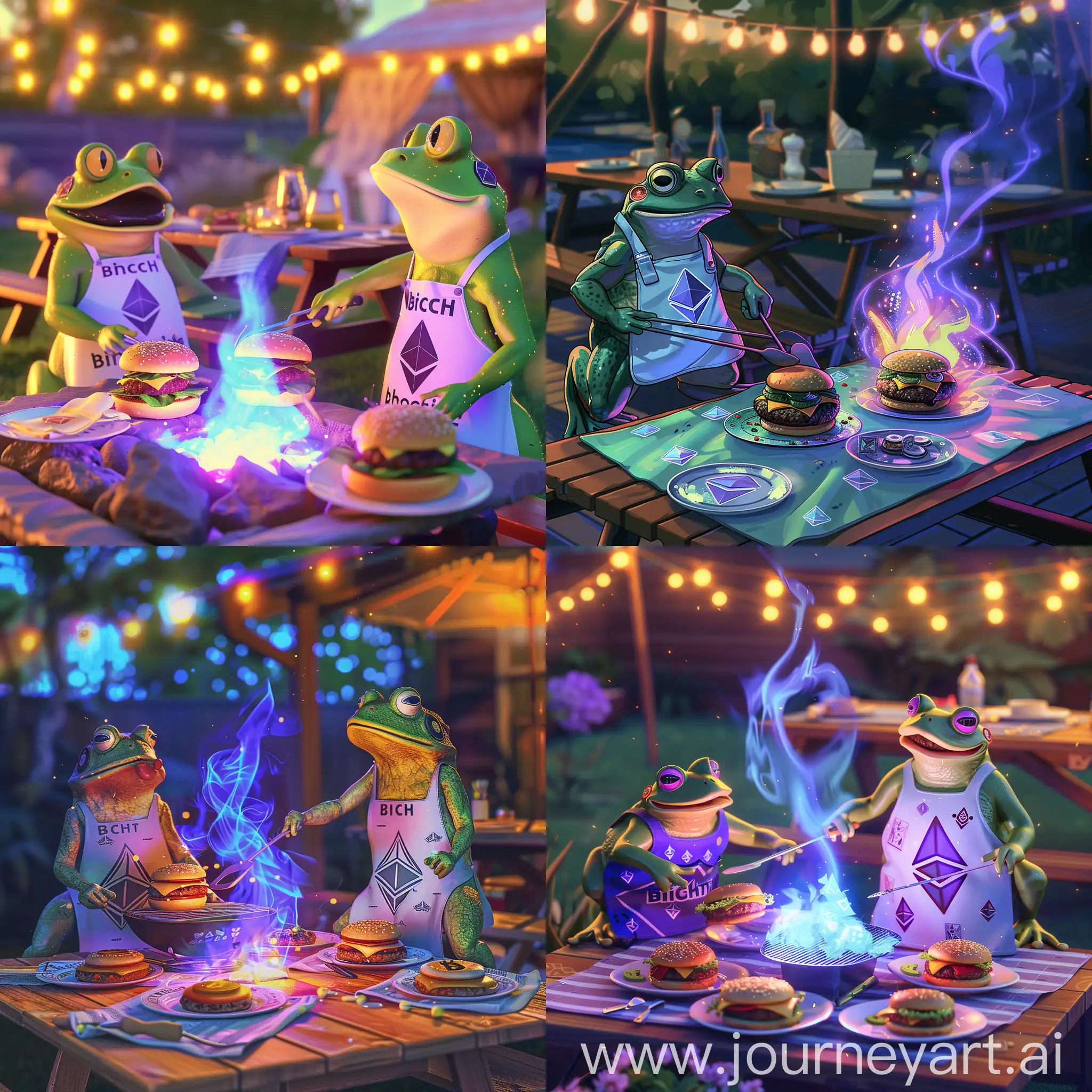  An outdoor Ethereum-themed BBQ, with cartoon frogs grilling over a flame that flickers in shades of blue and purple, symbolizing blockchain technology. One frog wears a "Block Chef" apron, flipping burgers that have the Ethereum symbol seared on top. In the background, a picnic table is set with plates and napkins featuring cryptocurrency motifs, under string lights that illuminate the scene at dusk. Created Using: vibrant color palette, outdoor lighting, blockchain flame effects, Ethereum branding on food, picnic aesthetic, digital and natural blend, hd quality, natural look 