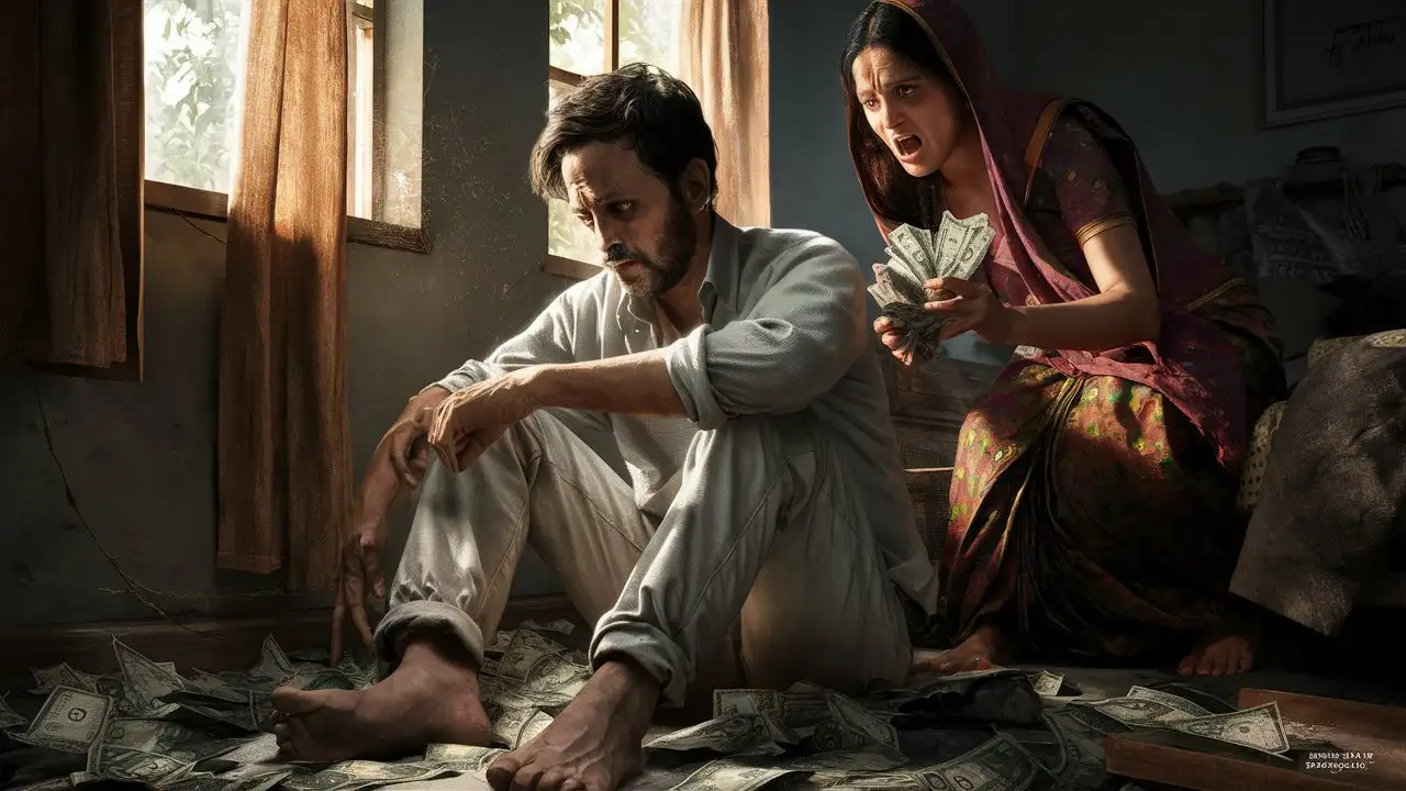 indian upset man sitting on bedroom, his angry wife gives him some money from behind, natural light, hyper realistic, hyper detailed