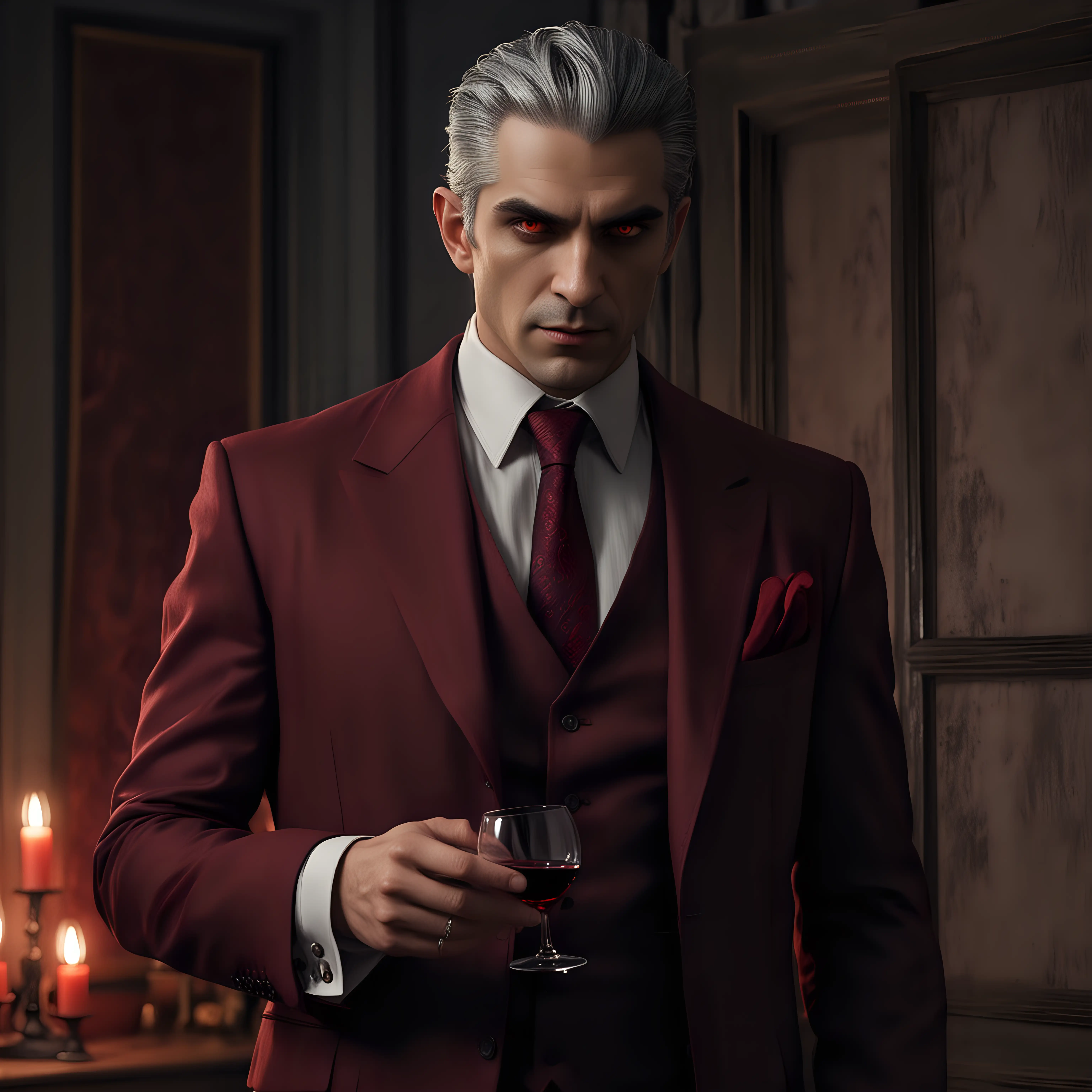 A male Malkavian vampire, red glowing eyes, grey hair, comb-over, wearing a wine-red suit, inside a mafia boss' room, at night, realistic