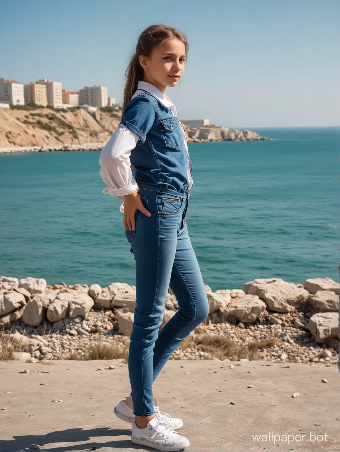 Beautiful Soviet schoolgirl 10 years old in Crimea against the background of the sea, full height, dynamic poses, people and buildings in the background, tight jeans, ass, back view