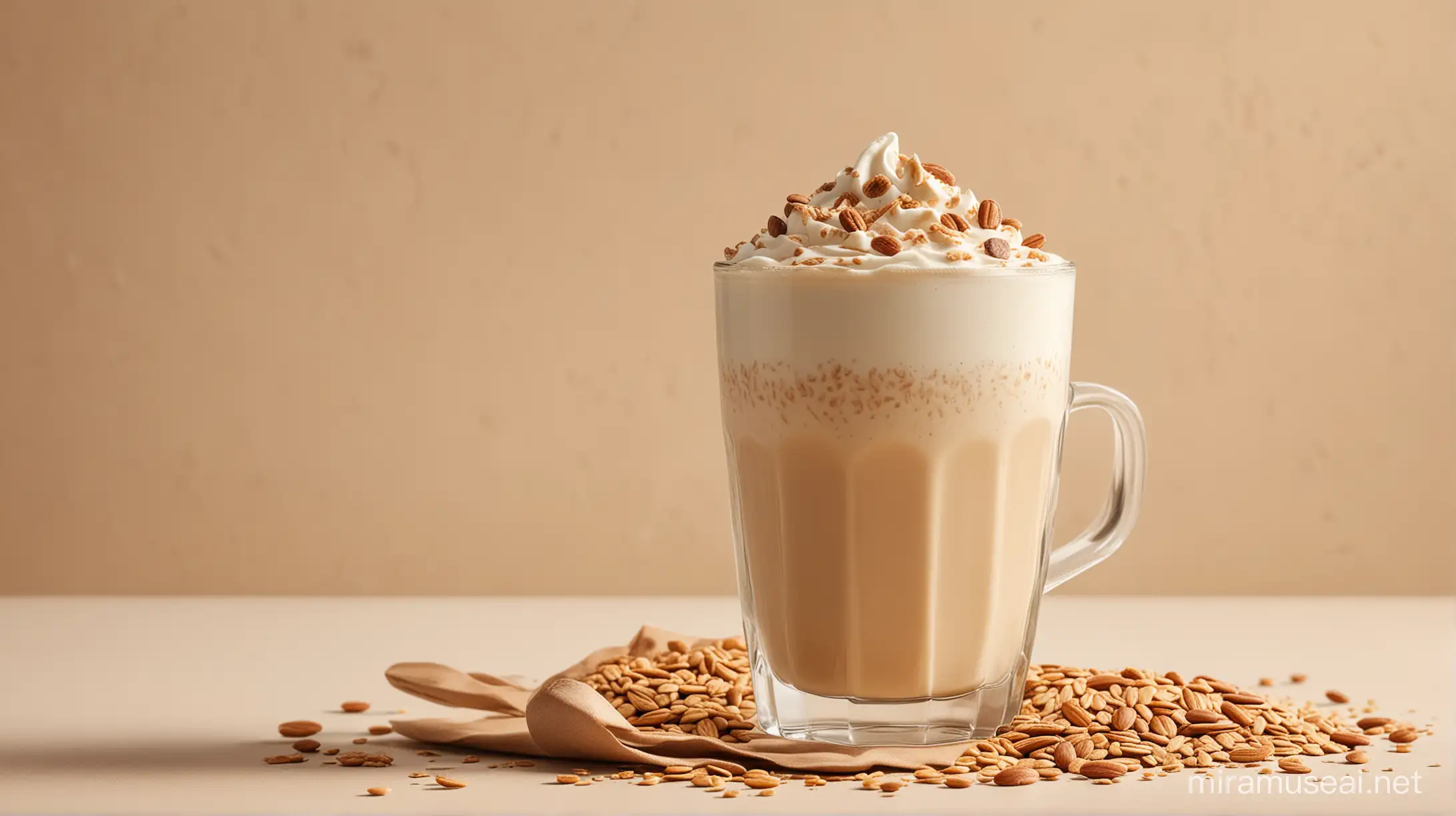 create an image of an oats milk latte with a cream background and light tones