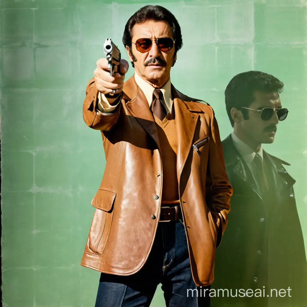 Retro Italian Crime Movie Poster Featuring Sunglasses Leather Jacket and Handgun