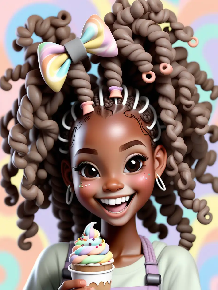 Kawaii African Girl with Pastel Swirls Background and Boba Delight