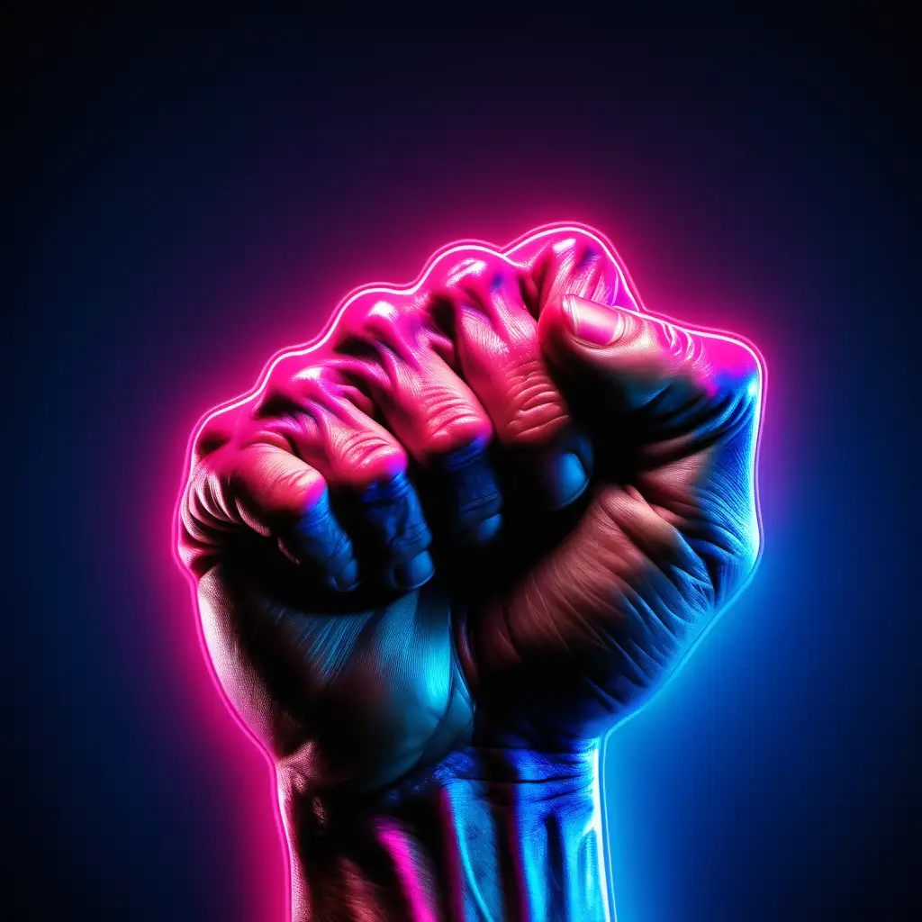 Realistic Mans Fist Behind Neon Pink and Blue Lights