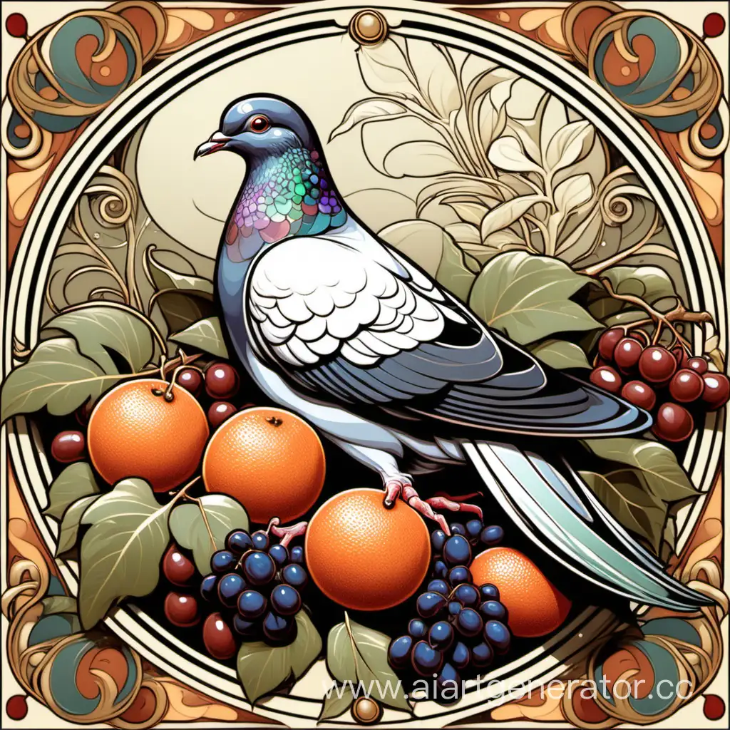 Majestic-Pigeon-Poses-Amidst-Abundant-Fruits-in-Alphonse-Mucha-Style