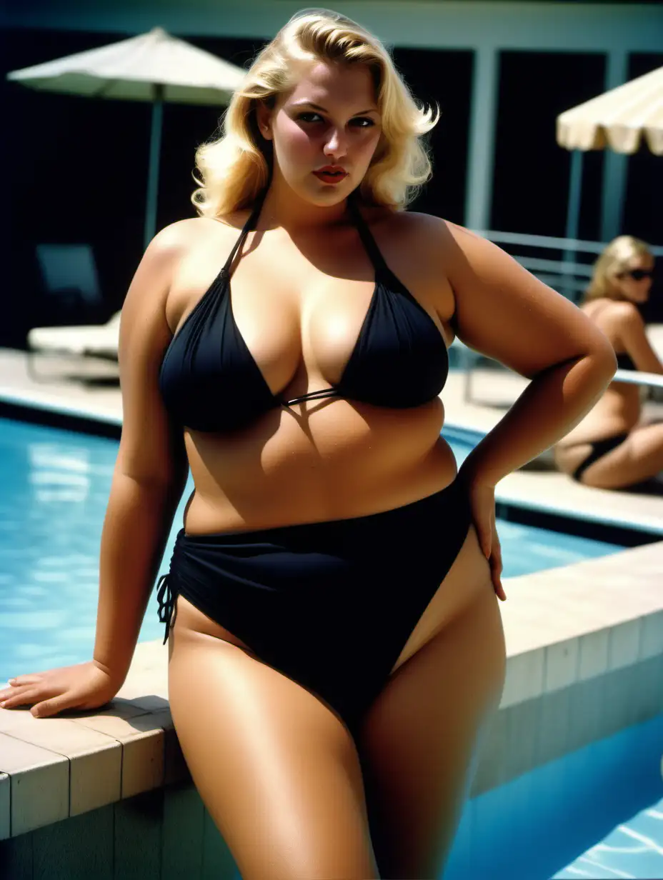 realistic colour foto of a extreme beautiful blonde college girl,  plus size, well fed body spilling out of her black bikini, tanned, posing, flirting, pool bar, full body angle, foto style helmut newton