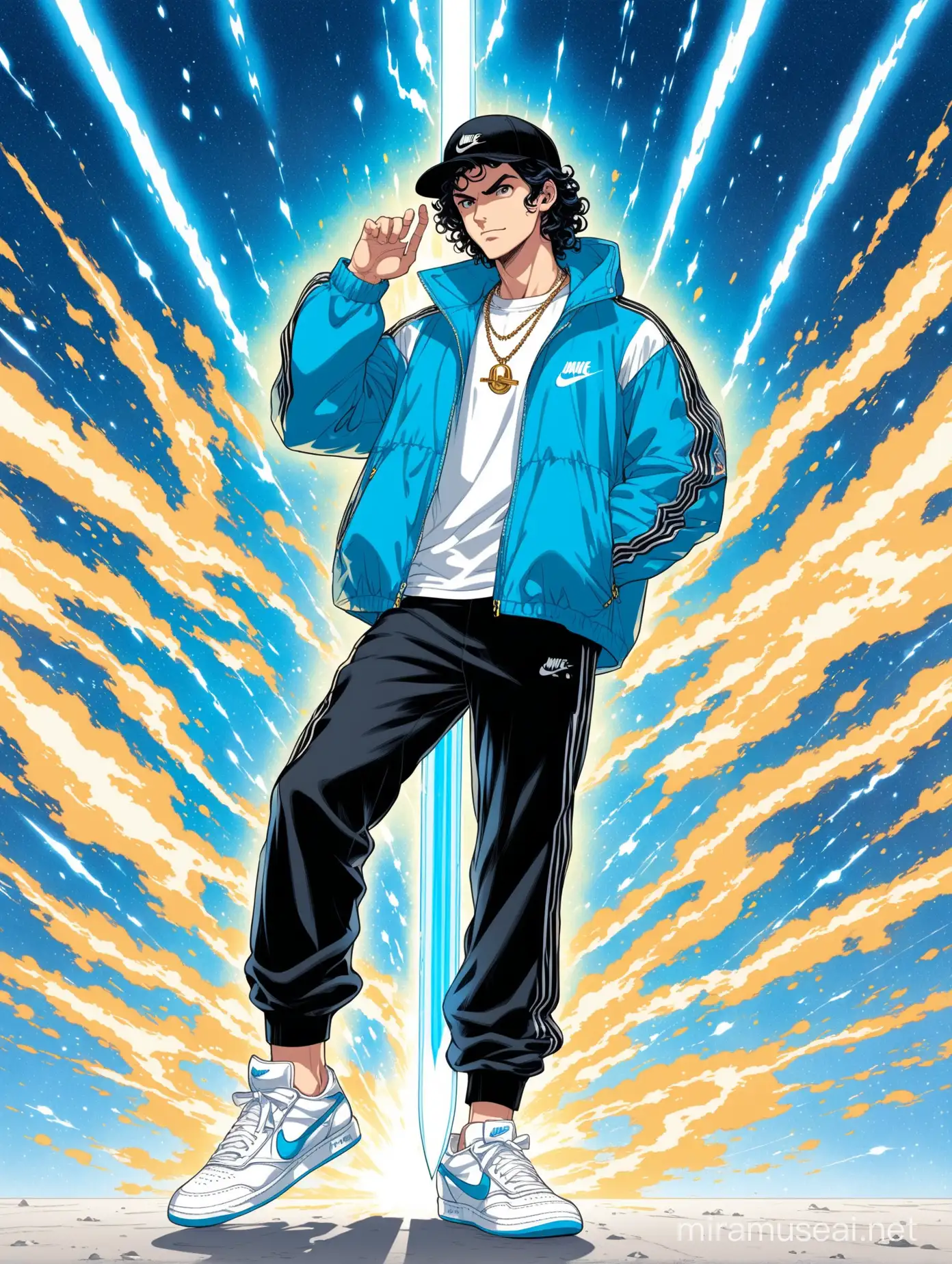 confident tall athletic 20s male, full body pose, sly cocky secretive smirk, black ball cap with blue logo, medium-length curly black hair, clean shaven, high-collared sky blue black windbreaker down jacket, white t-shirt, gold necklace jewelry, sweatpants, sky blue white 1980s reebok nike high-top sneakers, pulling darkblue energy sword from lightblue backpack, surrounding multicolor eldritch battle aura, manga anime jojo's character painting splash